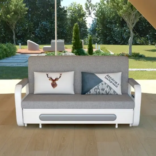 Luck Live Modern Patio Sofas 62.2in extendable pull Outdoor Sofa bed,Solid wood & White metal frame/Gray cushion with storage function image {4}