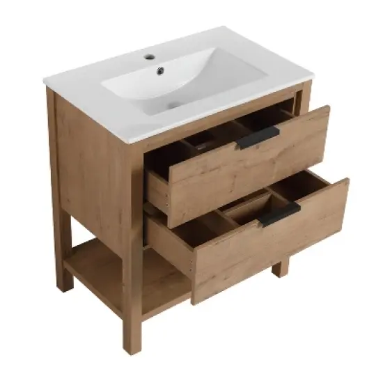 30" Bathroom Vanity with 2 Drawers and 1 Ceramic Sink, Oak - ModernLuxe image {6}
