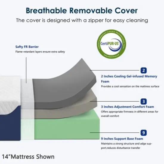 CSBDHOME 14 Inch Cooling Gel Infused Mattress for Pressure Relief, Bed in a Box CertiPUR-US Certified & Fiberglass Free image {6}