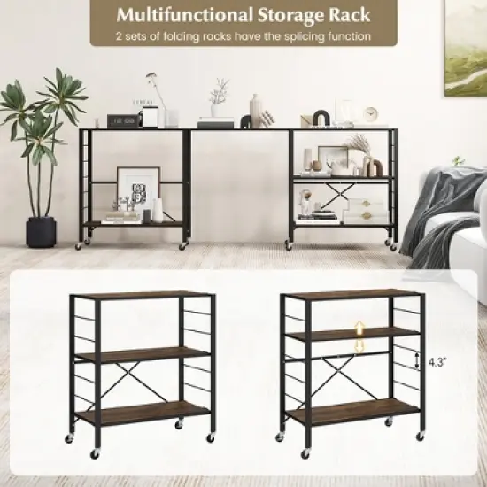 Tangkula 3-Tier Folding Shelf Free DIY Design Shelving Unit w/ 4 Universal Wheels Kitchen image {3}