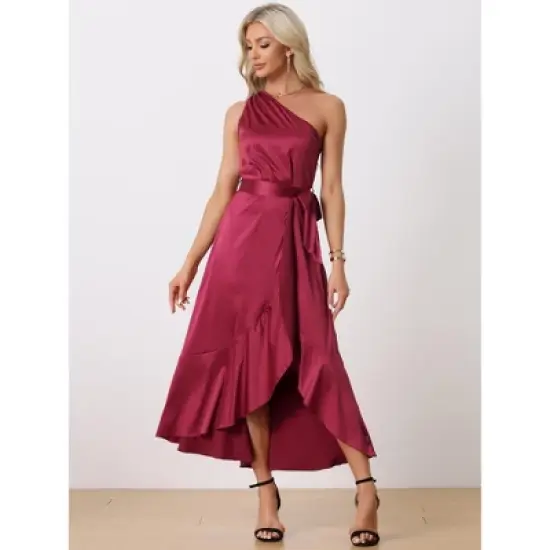 INSPIRE CHIC Women's Satin Sleeveless One Shoulder Belted Split Ruffle Evening Cocktail Dress image {1}