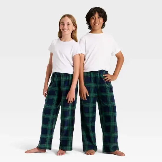 Kids' Plaid Microfleece Holiday Matching Family Pajama Pants - Wondershop&trade; Navy Blue image {4}
