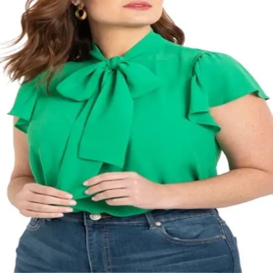 ELOQUII Women&rsquo;s Plus Size Flutter Sleeve Tie Neck Blouse image {3}