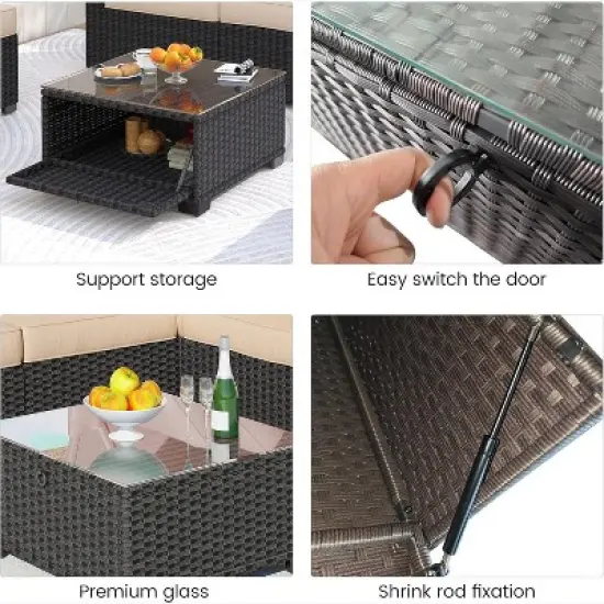 Patio Furniture Set, 6pcs Outdoor Rattan Wicker Furniture with Canopy, Outdoor Sectional Sofa and Table with Storage, Patio Conversation Sets image {6}
