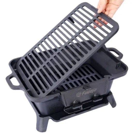 Kumasinova Portable Charcoal Tabletop Grill with Handle,100% Cast-Iron BBQ Grill with Enamel Coating,Removable Rectangular Grate Grill,Black image {1}