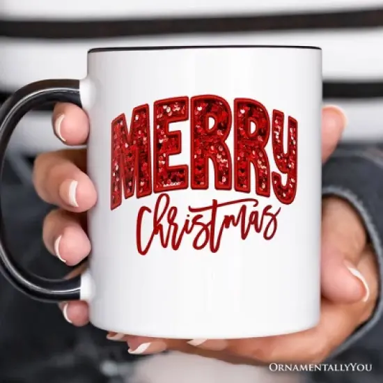 Merry Christmas Sequin Mug, Bold Red Glitter Gift for Festive Holiday Season (Non-Custom Only)| OrnamentallyYou image {3}