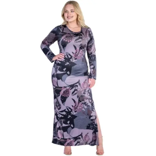Womens Plus Size Floral Print Long Sleeve Side Slit Maxi Dress image {4}