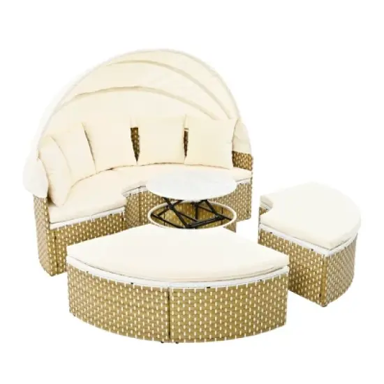 4-Pieces Outdoor Patio Rattan Round Daybed Sunbed with Retractable Canopy and Table image {11}