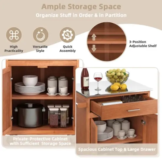 Costway Wood Kitchen Trolley Cart Stainless Steel Top Rolling Storage Cabinet Island image {4}