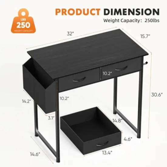 Kumasinova 32"/47" Office Desk with Drawers,Computer Desk with Fabric Side Bag/Storage Shelves,Gaming Desk for Office,Gaming&Study image {1}