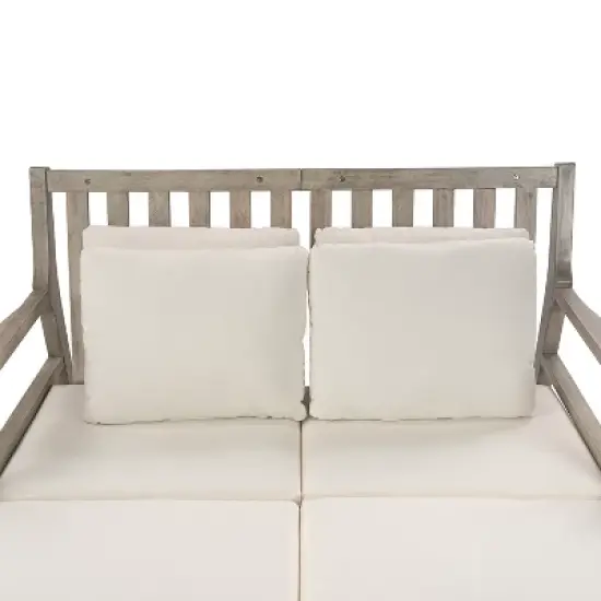 Whisen Outdoor Daybed, Patio Daybed with Four Pillows, Wooden Outdoor Bed with Curved Armrests image {12}