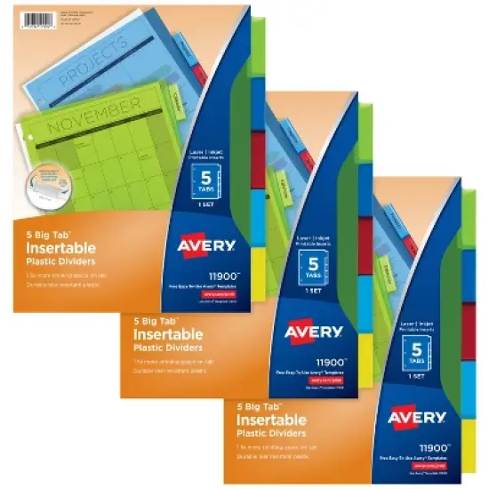 Avery Dividers for 3 Ring Binders, 5-Tab Binder Dividers, Plastic Binder Dividers, Insertable Big Tab, Multicolor, 3 Sets (71900) image {8}