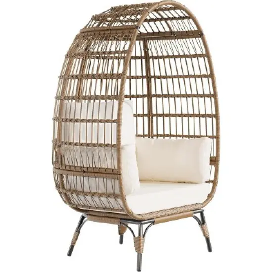 Oversize Rattan Egg Chair Outdoor Wicker Patio Lounge Chairs with Steel Frame Stand and 4 Cushions for Patio, Porch, Backyard, living rooms, Beige image {4}