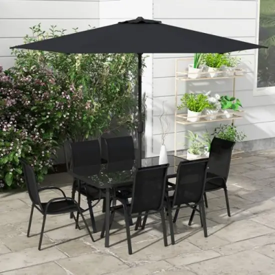 Outsunny 8 Piece Patio Furniture Set with Umbrella, Outdoor Dining Table and Chairs, 6 Chairs, Push Button Tilt and Crank Parasol, Glass Top image {1}