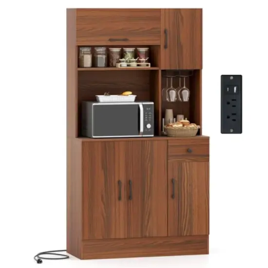 Costway 66" Pantry Cabinet Tall Kitchen Storage Cabinet with Charging Station Brown image {10}
