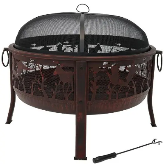 Sunnydaze Outdoor Camping or Backyard Steel Pheasant Hunting Fire Pit with Spark Screen, Cover, Metal Wood Grate, and Log Poker - 30" image {6}