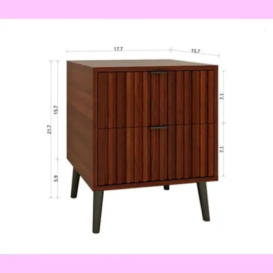 KWPZQEB Wooden Fluted Nightstand, 17.7" Wide Side Table with 2 Large Storage Drawers, Modern Night Stand for Living Room, Bedroom, Brown image {5}