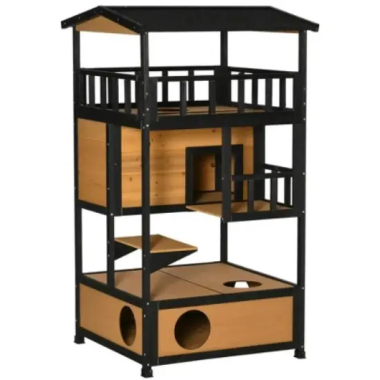 Resenkos Wooden Outdoor Cat House, Feral Cat Shelter Kitten Condo with Asphalt Roof, Escape Doors, Condo, Jumping Platform, Yellow image {11}