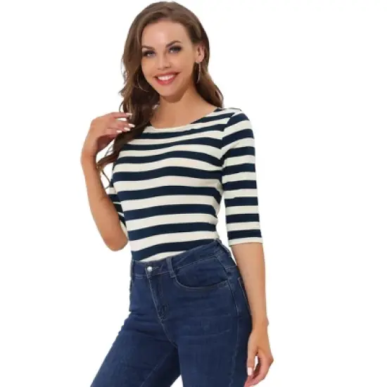 Allegra K Women's Elbow Sleeves Casual Basic Boat Neck Slim Fit T-Shirts image {26}