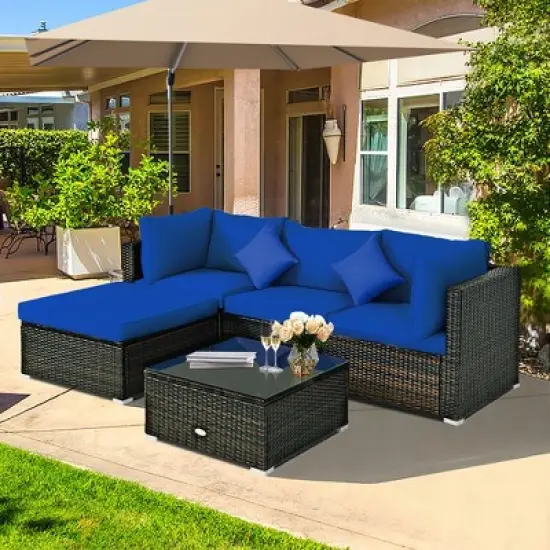 Costway 5PCS Outdoor Patio Rattan Furniture Set Sectional Conversation Turquoise\Navy\Black Cushion image {2}