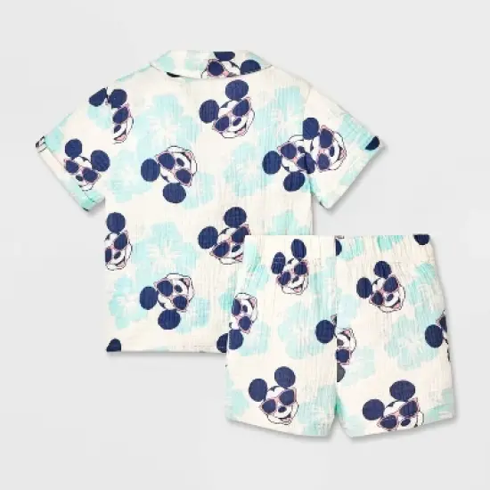 Baby Boys' 2pc Disney Mickey Mouse Woven Gauze Button-Up Top & Shorts Set - Blue image {1}