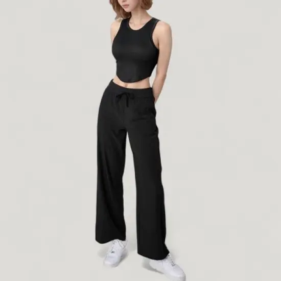 Anna-Kaci Active Women's High Waist Wide Leg Pants with Drawstring Waist and Front Pockets image {1}