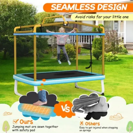 Infans 6FT Rectangle Trampoline with Swing, Mini Kids Trampoline with Net, Horizontal Bar, 2 Way Zippers, Recreational Trampoline for 3+, Blue/Yellow image {4}