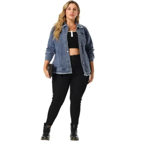 Agnes Orinda Women's Plus Size Denim Chest Pocket Frayed Washed Crop Jean Jackets image {2}