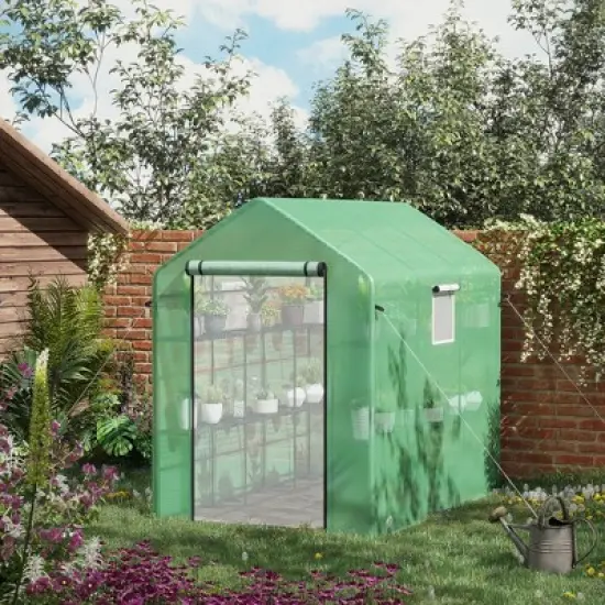 Outsunny 2-Tier Shelf Greenhouse with Door, Windows, PE Cover, Steel Frame for Outdoor Garden Plant & Plant Use, 84.25" x 56.25" x 76.75", Green image {1}