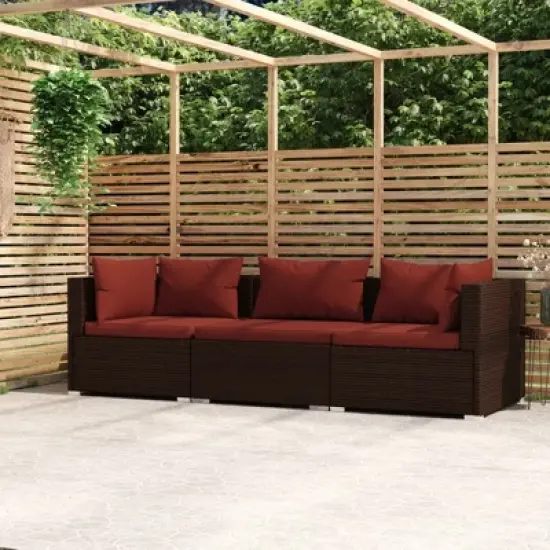 vidaXL Brown Patio Furniture - Red Cushion - 3 Seats image {1}