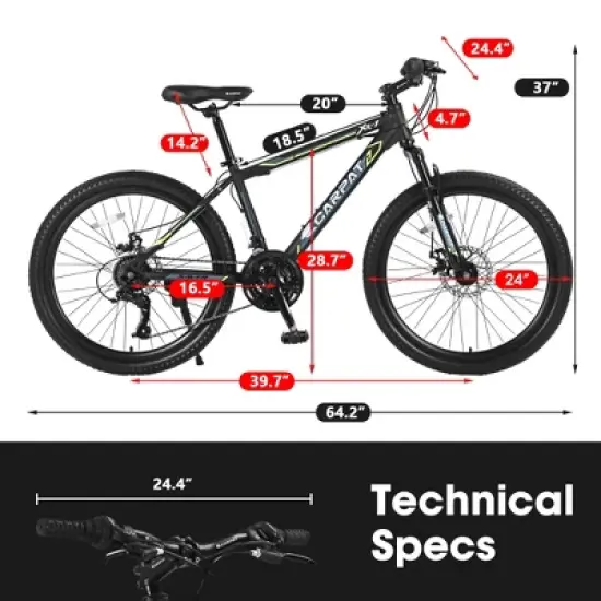 YONWAY 24 Inch Mountain Bike, 21 Speeds Mountain Bicycle with High Carbon Steel Frame, Dual Disc Brakes and Front Suspension for Adult & Teenagers image {2}
