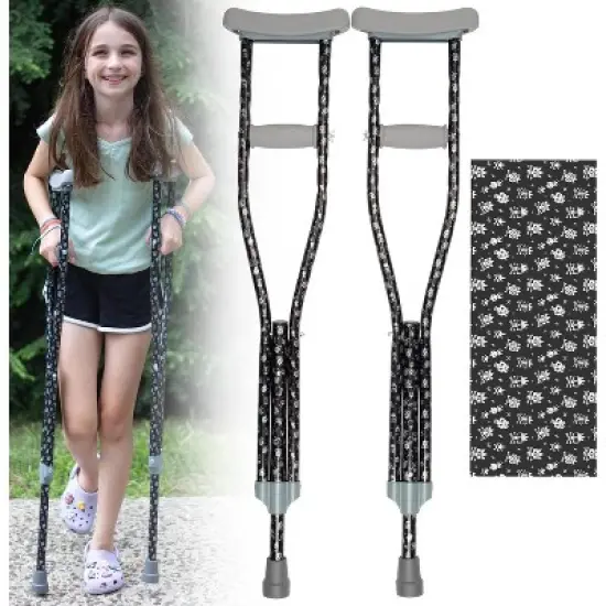 My Crutches - Fashionable Designed Crutches w Underarm Pad for Kids/Adults w Adjustable Handgrip & Length for Heights 4'5" to 5'2" (Crossbones) image {1}