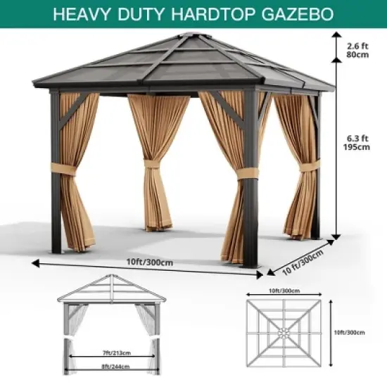 Garvee 10x10ft Gazebo, Hardtop Outdoor Canopy Permanent Gazebo with Netting and Curtains image {1}