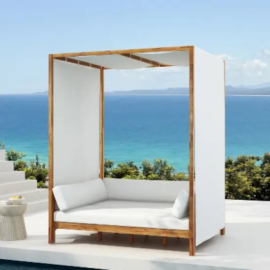 Scott Living Dara Outdoor Acacia Wood Daybed with Canopy and Curtains, Washable Cushions and Detachable Pillows image {11}