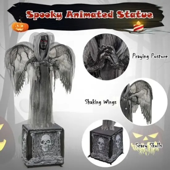 Costway 5.5ft Halloween Animatronic Decoration Animated Praying Angel Statue with Light Up Eyes & Shaking Wings image {3}