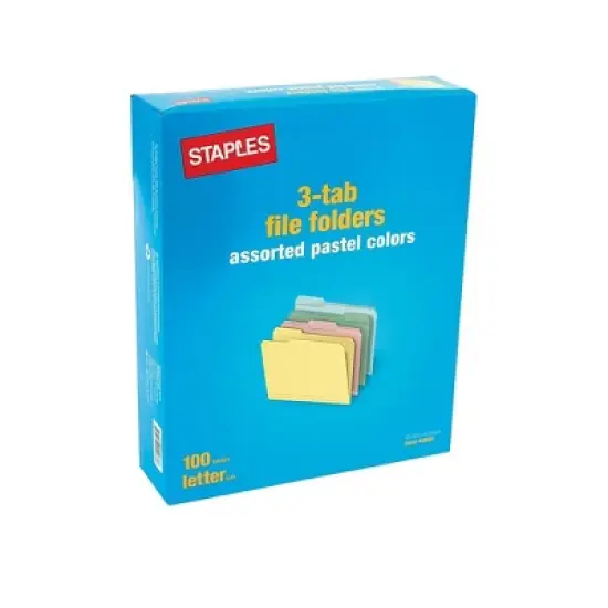 Staples Top-Tab File Folders 3-Tab Letter Assorted Pastel Colors 100/BX TR459684/459684 image {7}