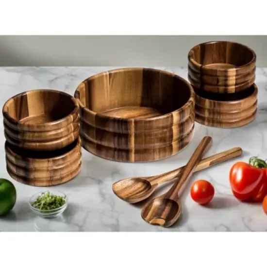 Kalmar Home Solid Acacia Wood 7 Piece - Large Salad Bowl with Servers and 4 Individuals image {1}