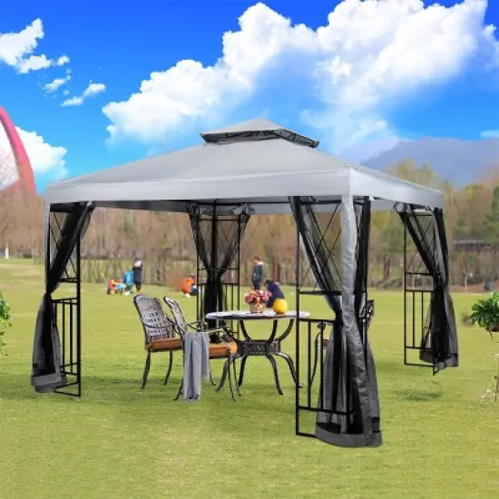 SUGIFT 10' x 10' Outdoor Patio Gazebo Canopy with Mesh Netting Sidewalls and Steel Frame - Light Gray image {2}