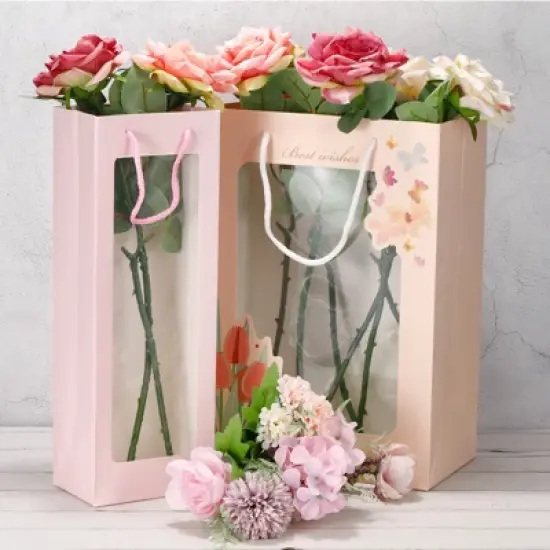 Unique Bargains Paper Gift Bag with Transparent Window Pack Bouquet Bag image {4}
