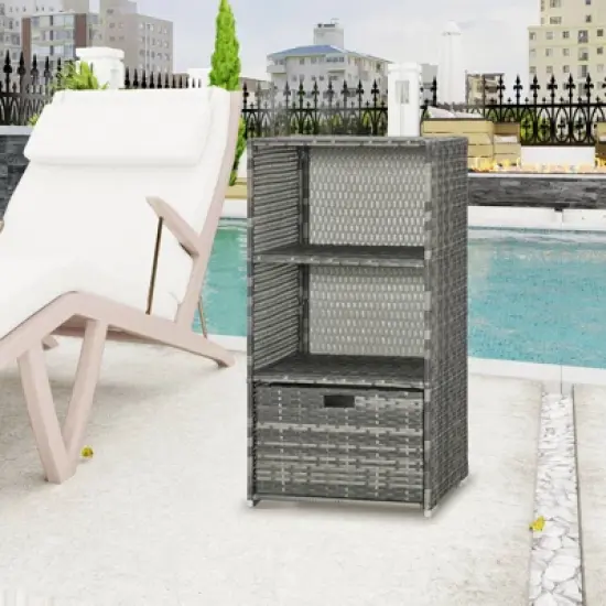 WELLFOR Outdoor PE Wicker Pool Towel Rack Waterproof Storage Organizer with 2 Shelves Gray image {2}