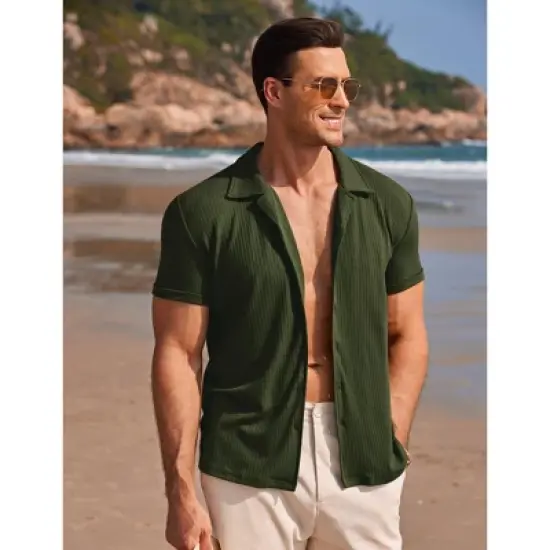 COOFANDY Mens Knit Button Down Short Sleeve Button Up Shirt Summer Casual Beach Tops image {4}