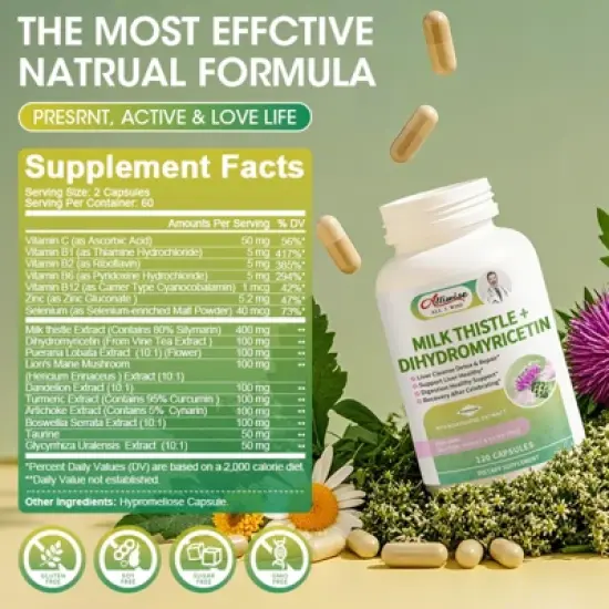 Alliwise Milk Thistle Capsules - Extra Strength 80% Silymarin Herbal Supplement - Liver Health & Antioxidants - 120 CT image {2}