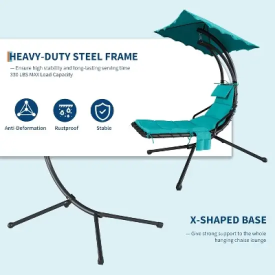 Hanging Chaise Lounge Chair, Ergonomic Outdoor Swing with Canopy & Cushion, Patio Garden Poolside, Dream Hammock + Mat image {4}