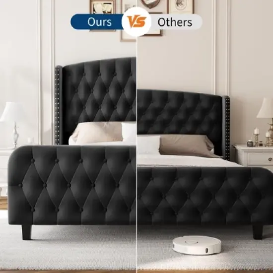 Bed Frame with Deep Button Tufted Wingback Headboard and Footboard, Velvet Upholstered Platform Frame, No Box Spring, Easy Assembly image {5}