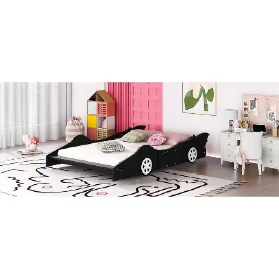 Okak Platform Bed Frame with Wheels and Race Car-Shaped Bedroom Furniture for Kids Noise-Free Bed Strong Wood Slats Easy Assembly image {2}