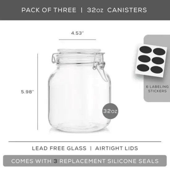 JoyJolt Airtight Glass Jars Storage Cannister with Silicone Seal Lids - Set of 3 - 32 oz. image {4}