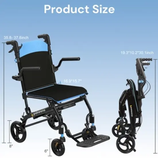ProTraverse Wheelchairs for Adults, Foldable and Portable Transport Wheelchair, Portable Folding Transfer Wheelchairs for Seniors(Blue) image {2}