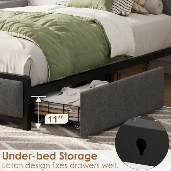 Garvee Upholstered Bed Frame with 2 Storage Drawers, Power Outlet, Queen Bed Platform with Storage Headboard, Noise Free, No Box Spring Needed image {4}