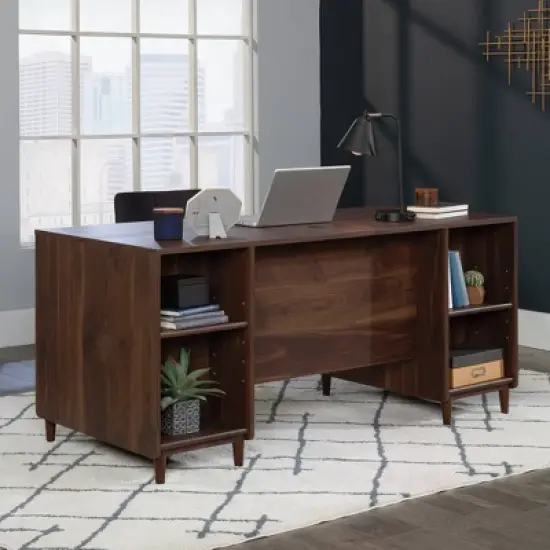 Sauder Clifford Place Desk with Shelves Grand Walnut: Executive Workstation, MDF Construction, Mid-Century Modern Style image {3}