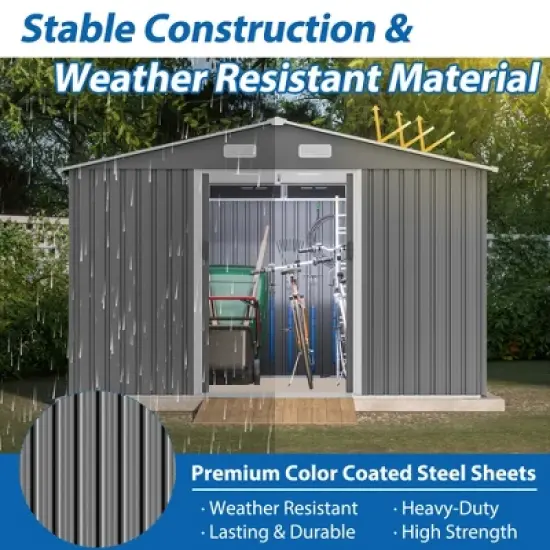 10X8 FT Outdoor Storage Shed, Metal Foundation & Lockable Doors, Tool Shed for Garden, Patio, Backyard, Lawn, Grey image {4}